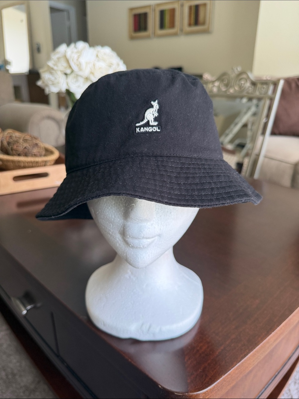 Kangol Black Bucket Hat with White Kangaroo Logo size large